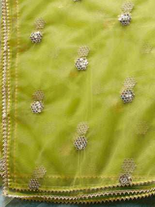 Green Cotton Blend Gota & Sequins Embroidered A Line Alia Cut Suit Set with Net Dupatta