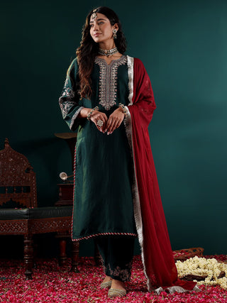 Green Silk Blend Zari & Sequins Embroidered Anarkali Suit Set with Silk Chiffon Dupatta