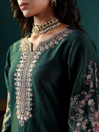 Green Silk Blend Zari & Sequins Embroidered Anarkali Suit Set with Silk Chiffon Dupatta