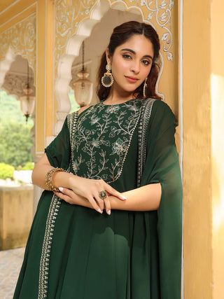 Indian Suit Set Online USA Dark Green Georgette Anarkali Embroidered Dress with Cape Ria Fashions