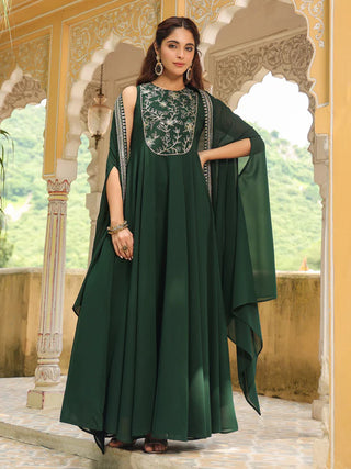 Dark Green Georgette Anarkali Embroidered Dress with Cape