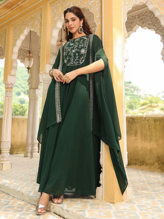 Dark Green Georgette Anarkali Embroidered Dress with Cape