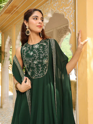 Dark Green Georgette Anarkali Embroidered Dress with Cape