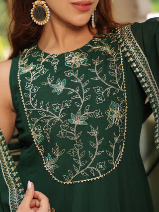 Dark Green Georgette Anarkali Embroidered Dress with Cape