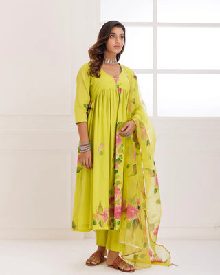 Organza Green Hand Painted Suit Set with Dupatta 