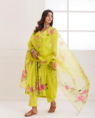 Organza Green Hand Painted Suit Set with Dupatta 