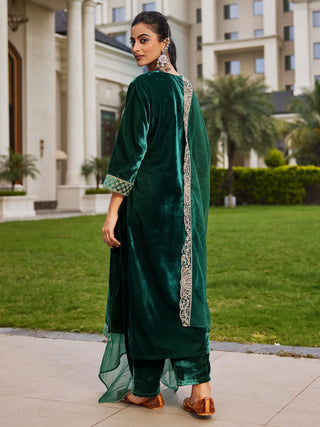 Green Velvet Embroidered Straight Shape Suit Set with Organza Dupatta