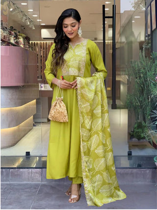 Lemon Green Viscose Print & Embroidered Suit Set with French Crepe Dupatta