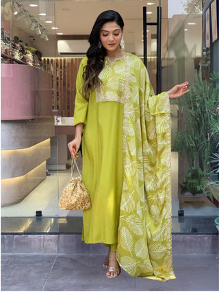 Lemon Green Viscose Print & Embroidered Suit Set with French Crepe Dupatta