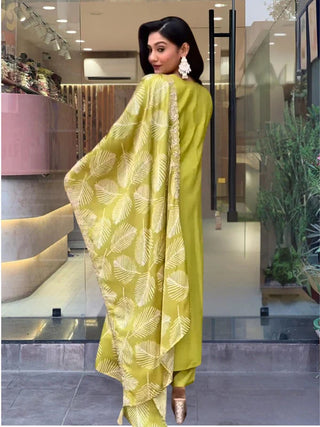 Lemon Green Viscose Print & Embroidered Suit Set with French Crepe Dupatta