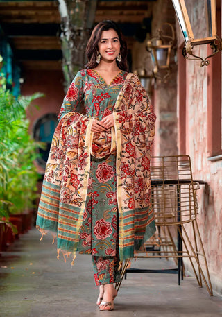 Green & Beige Viscose Floral Print Straight Shape Suit Set with Chanderi Cotton Dupatta