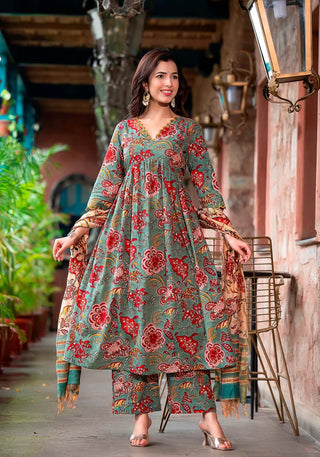 Green & Beige Viscose Floral Print Straight Shape Suit Set with Chanderi Cotton Dupatta