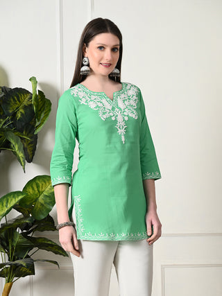 Green Cotton Embroidered Short Kurta
