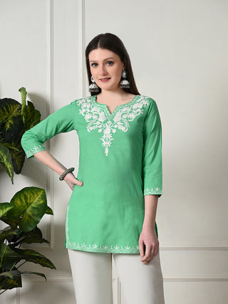 Green Cotton Embroidered Short Kurta