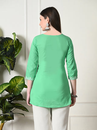 Green Cotton Embroidered Short Kurta