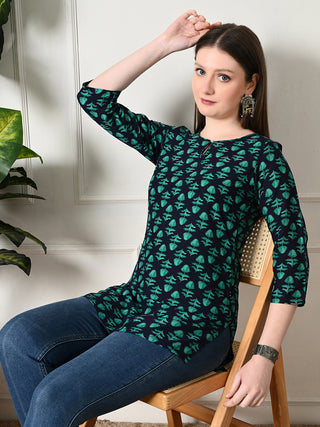 Green Cotton Geometric Print Short Kurta