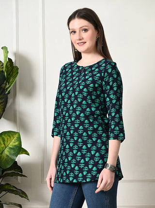 Green Cotton Geometric Print Short Kurta