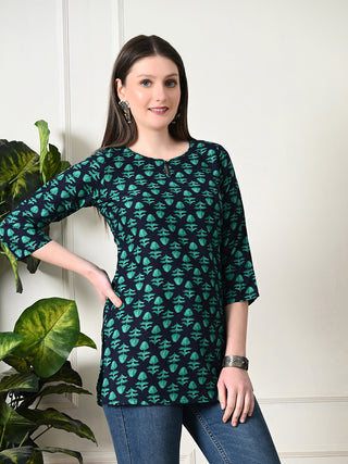 Green Cotton Geometric Print Short Kurta