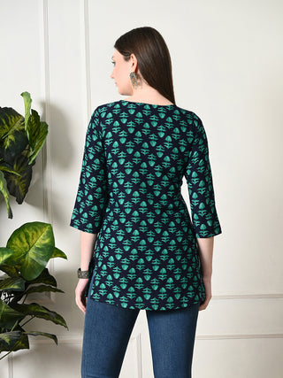 Green Cotton Geometric Print Short Kurta