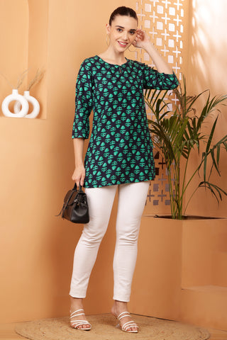 Green Rayon Geometric Print Short Kurta