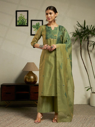 Green Cotton Blend Jacquard Woven Suit Set with Organza Dupatta