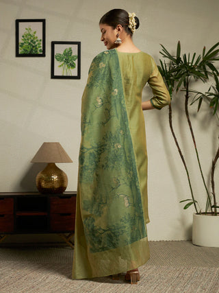 Green Cotton Blend Jacquard Woven Suit Set with Organza Dupatta