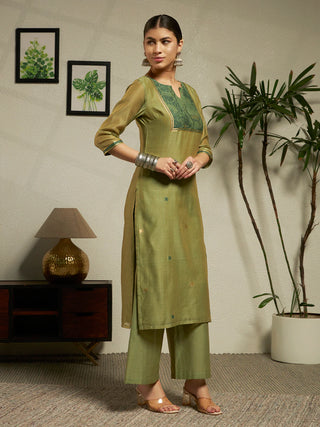 Green Cotton Blend Jacquard Woven Suit Set with Organza Dupatta