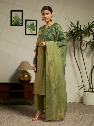 Green Cotton Blend Jacquard Woven Suit Set with Organza Dupatta