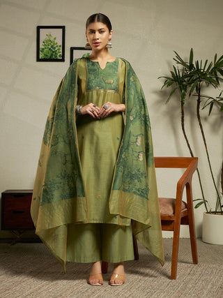 Green Cotton Blend Jacquard Woven Suit Set with Organza Dupatta