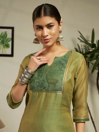 Green Cotton Blend Jacquard Woven Suit Set with Organza Dupatta