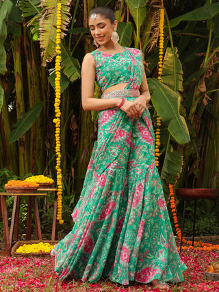 Green Georgette Floral Print Ready To Wear Sharara Set