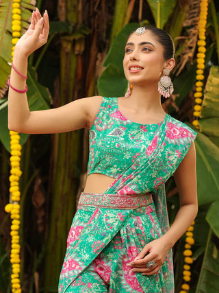 Green Georgette Floral Print Ready To Wear Sharara Set