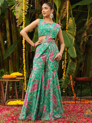 Green Georgette Floral Print Ready To Wear Sharara Set