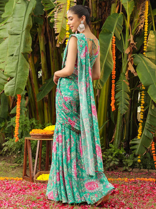 Green Georgette Floral Print Ready To Wear Sharara Set