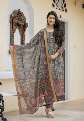 Grey Green Hues Chanderi Digital Print & Sequin Work Straight Shape Suit Set with Dupatta