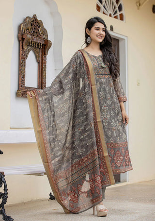 Grey Green Hues Chanderi Digital Print & Sequin Work Straight Shape Suit Set with Dupatta