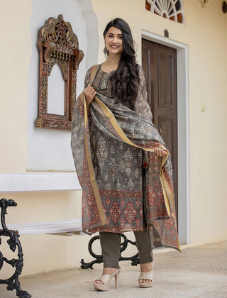 Grey Green Hues Chanderi Digital Print & Sequin Work Straight Shape Suit Set with Dupatta