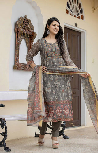 Grey Green Hues Chanderi Digital Print & Sequin Work Straight Shape Suit Set with Dupatta