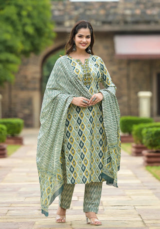 Grey Viscose Geometric Print Straight Shape Suit Set with Chanderi Cotton Dupatta