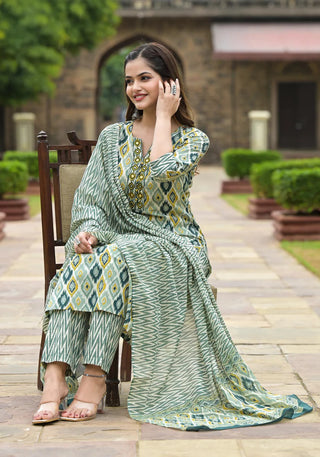 Grey Viscose Geometric Print Straight Shape Suit Set with Chanderi Cotton Dupatta