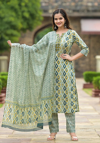 Grey Viscose Geometric Print Straight Shape Suit Set with Chanderi Cotton Dupatta