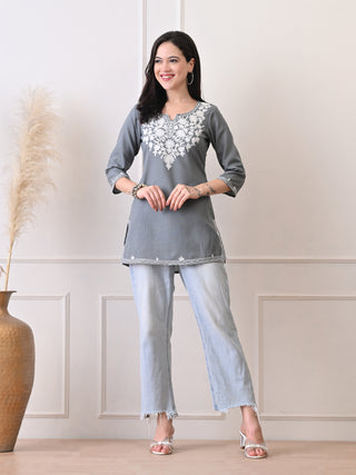 Grey Cotton Blend Embroidered Short Kurta