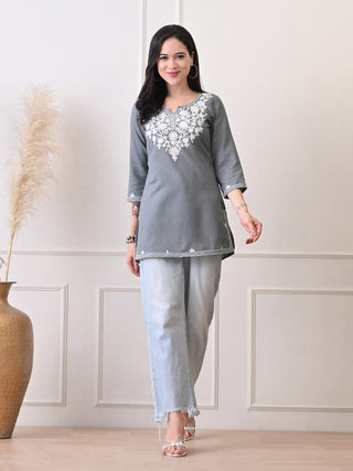 Grey Cotton Blend Embroidered Short Kurta