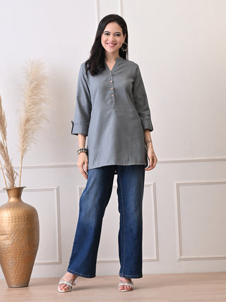 Grey Cotton Blend Embroidered Short Kurta