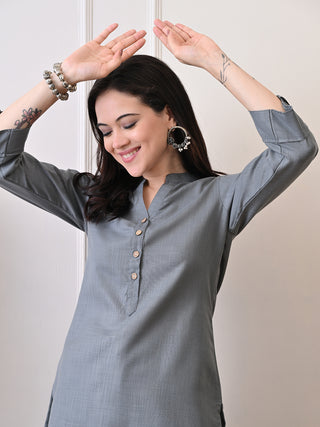 Grey Cotton Blend Embroidered Short Kurta