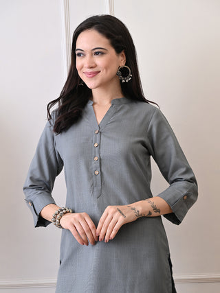 Grey Cotton Blend Embroidered Short Kurta