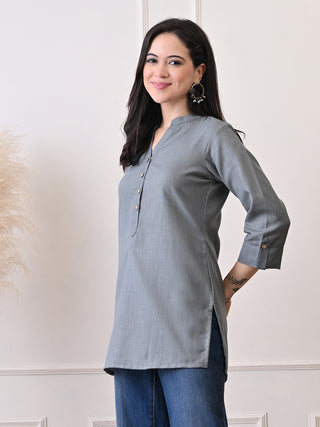 Grey Cotton Blend Embroidered Short Kurta