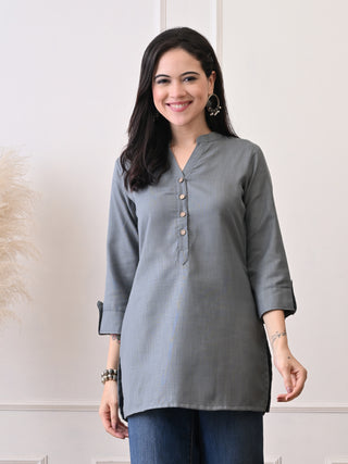 Grey Cotton Blend Embroidered Short Kurta