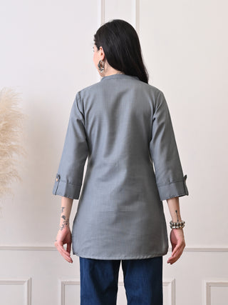 Grey Cotton Blend Embroidered Short Kurta