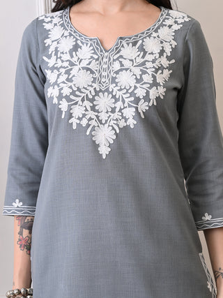 Grey Cotton Blend Embroidered Short Kurta